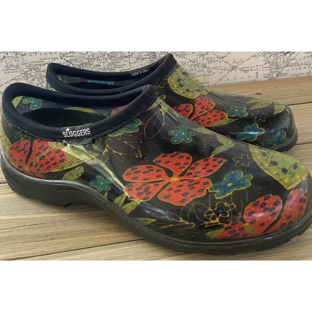 Sloggers Rubber Rain Garden Shoes Slip On Floral Black Comfort‎ Womens 8